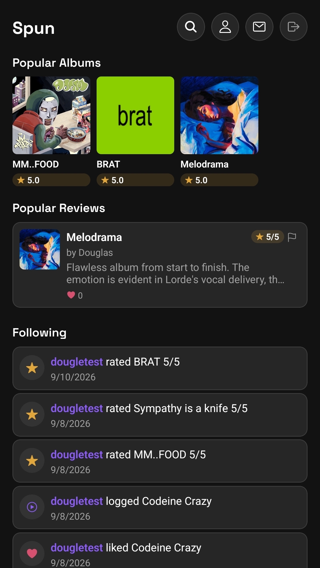 Spun app home feed, showing popular albums and reviews